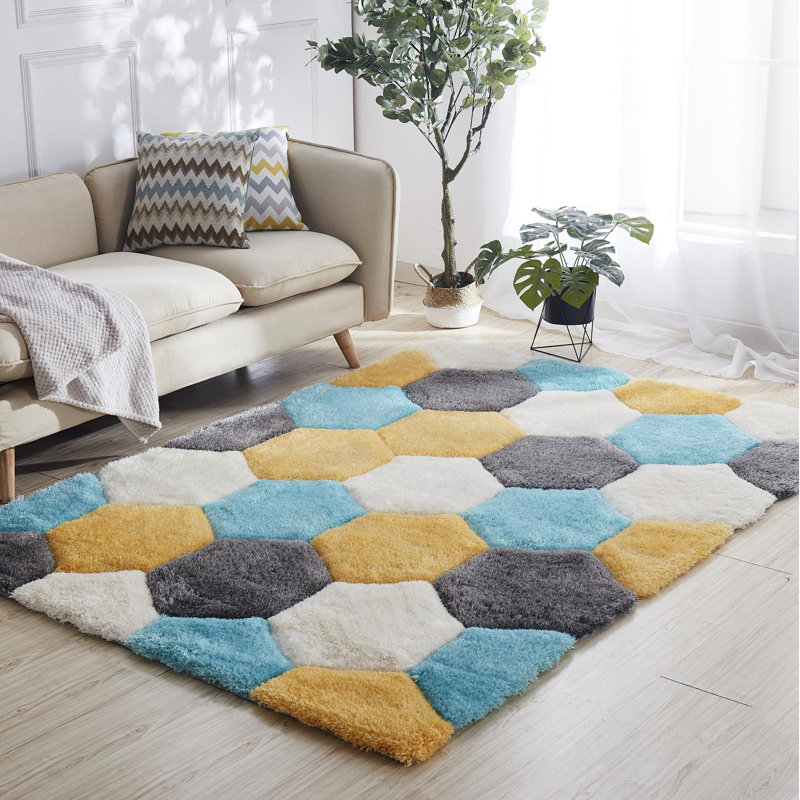 Latitude Run® Ragusa Geometric Shag Blue/Yellow Area Rug & Reviews